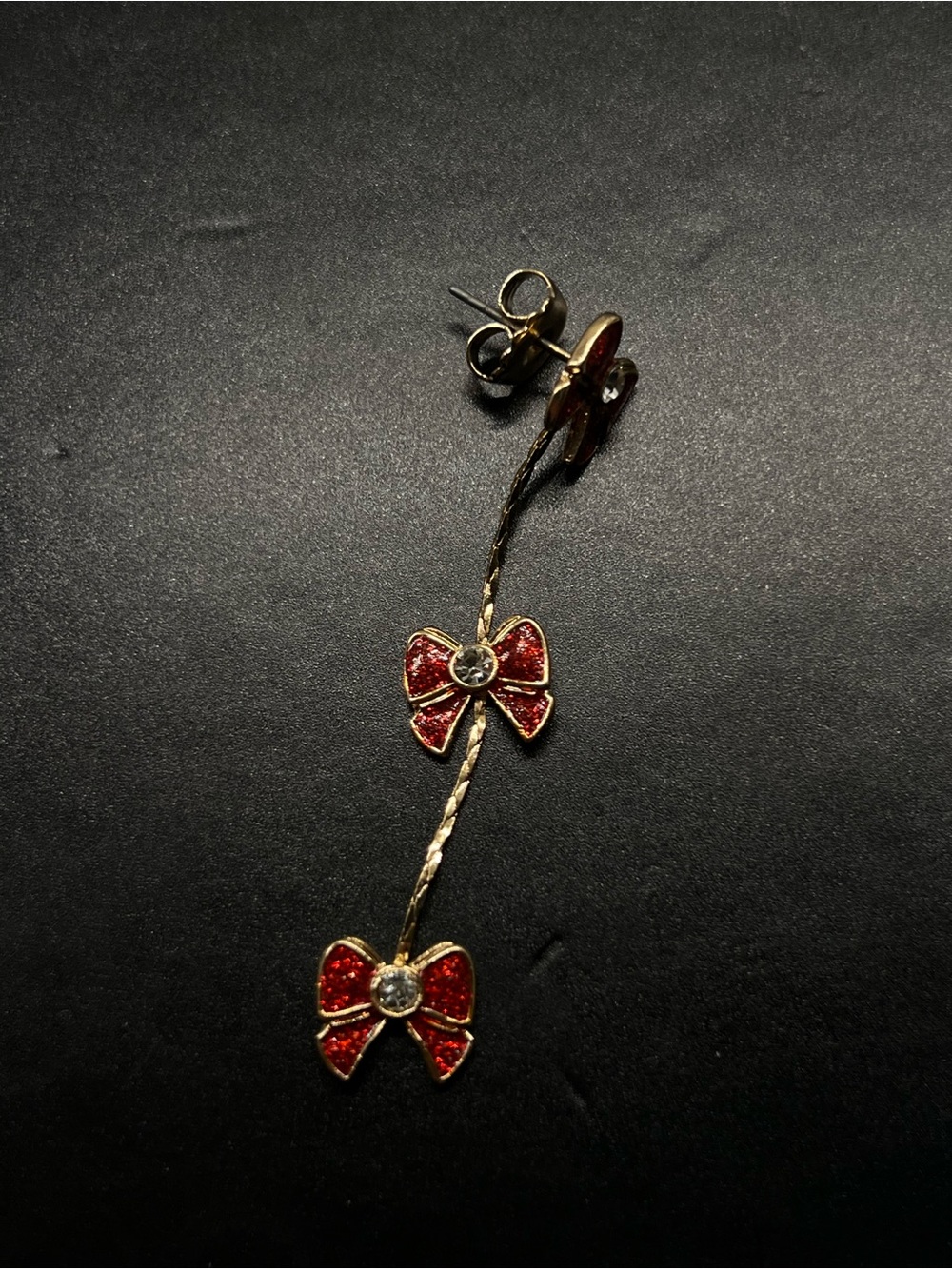 Single earring- Gold Tone Red Bow Dangle Earring